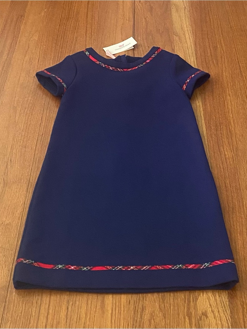 Vineyard Vines Formal Navy Short Sleeve A-Line Dress with Red Holiday Trim